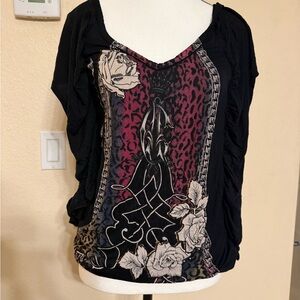 Vintage Christian Audigier Black Gothic Rose Leopard Print Ruched Top Lace L